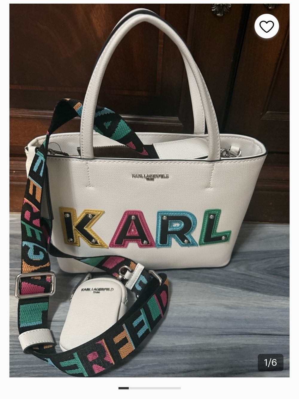 Karl Lagerfeld White Tote with Multicolor KARL Appliqué and Logo Strap